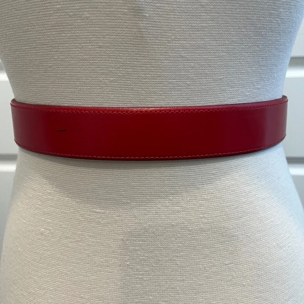 Red Patent Leather Belt with Gold Buckle - Women Accessories